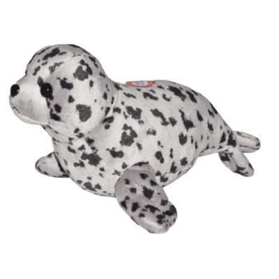 Wild Calls harbour Seal plush is light grey with dark grey spots.