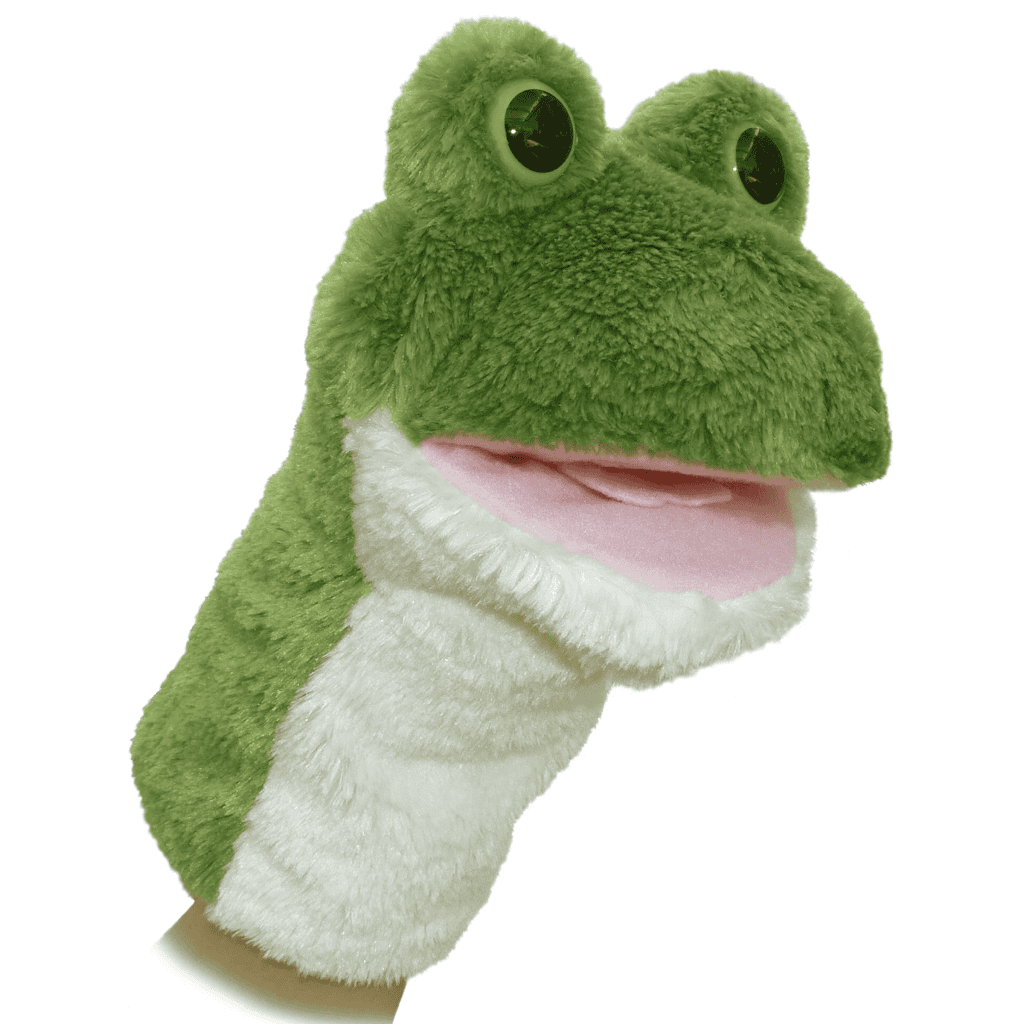A green frog puppet with a white face.