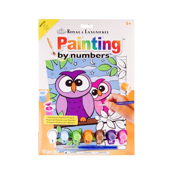 Image of packaging for "My First Paint By Numbers: Owls" Package is flat, with image of child painting two owls. Paint pots and paintbrush are visible below.