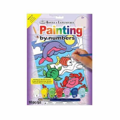 Image of packaging for "My First Paint By Numbers: Sea Animals" Package is flat, with image of child painting an ocean scene. Paint pots and paintbrush are visible below.