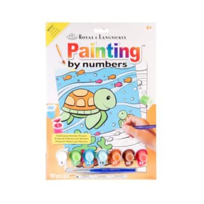 Image of packaging for "My First Paint By Numbers: Sea Turtles" Package is flat, with image of child painting two turtles. Paint pots and paintbrush are visible below.