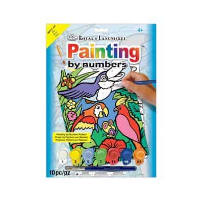Image of packaging for "My First Paint By Numbers: Singing Birds" Package is flat, with image of child painting three tropical birds. Paint pots and paintbrush are visible below.