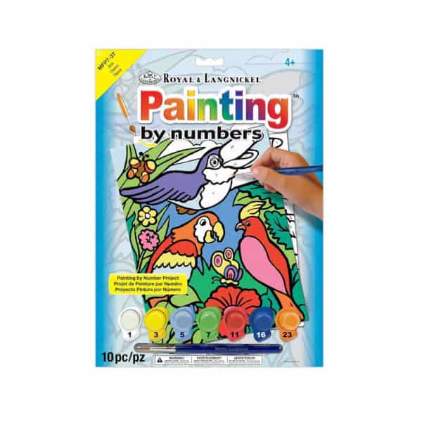 Image of packaging for "My First Paint By Numbers: Singing Birds" Package is flat, with image of child painting three tropical birds. Paint pots and paintbrush are visible below.