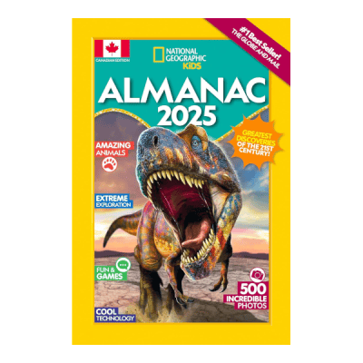 Image of the cover of National Geographic Kids Almanac 2025. Cover is Nat Geo yellow with a T-rex. It is the Canadian Edition.