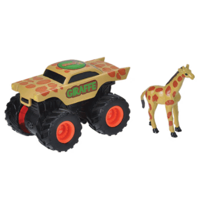 Image of animal print truck and small rubber giraffe toy from Wild Republic