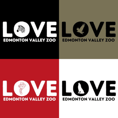 the four different logos on the LOVE t-shirt: Zebra (white on black), Falcon (black on tan), Red Panda (white on red), and Wolf (black on white.)