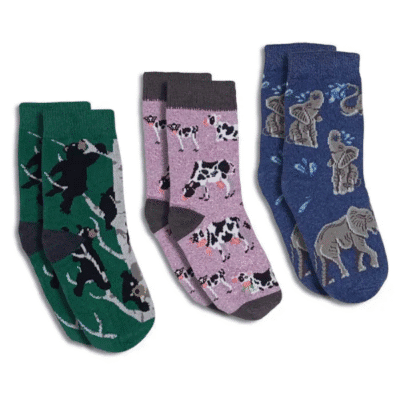 Image of a 3 pack of children's socks for 1-2 years. One with bears, one with cows and one with elephants