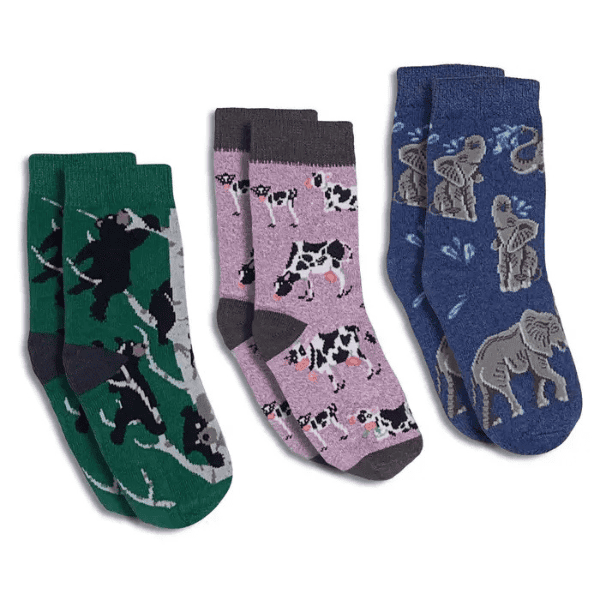 Image of a 3 pack of baby socks sizes 0-12 months. One with bears, one with cows and one with elephants