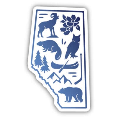 Image of the province of Alberta with animal, nature and Canadian icons, made by Stickers northwest