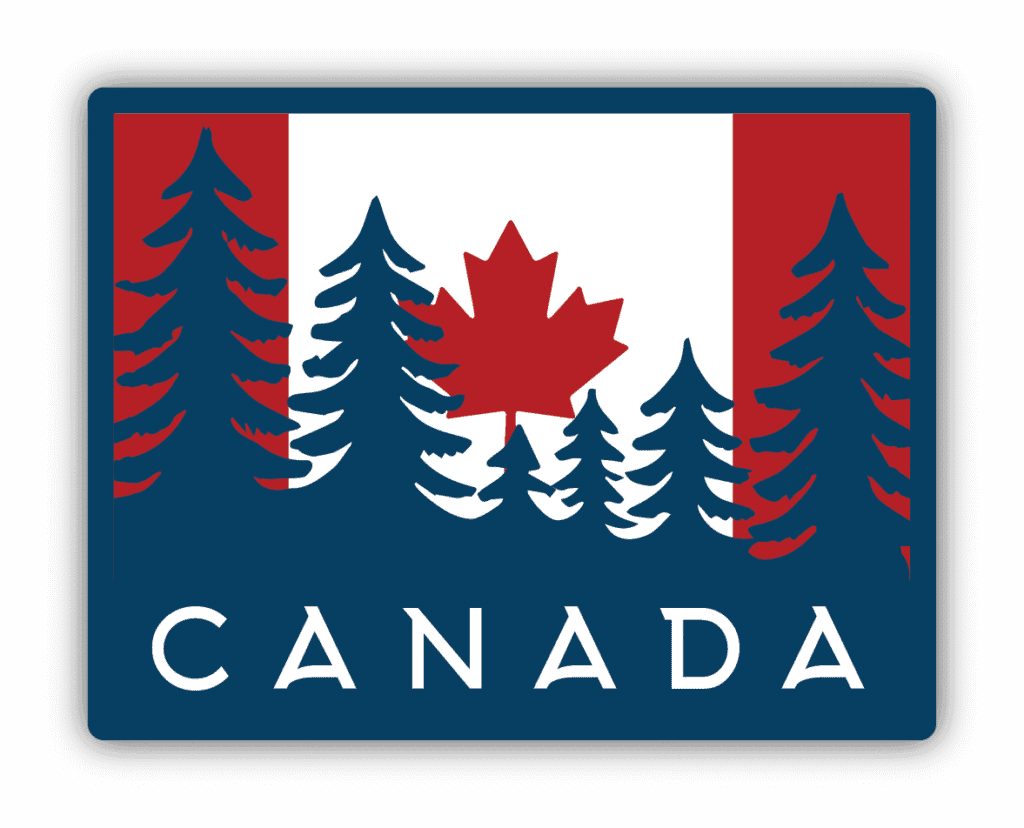 Image of the Canadian flag behind trees with Canada written at the bottom
