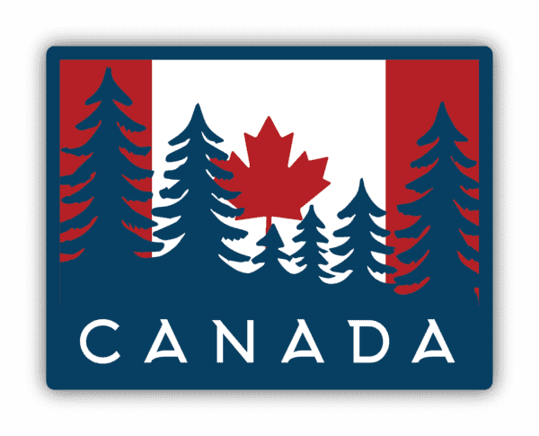 Image of the Canadian flag behind trees with Canada written at the bottom
