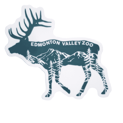 Image of an elk sillouete with a mountain scene. Edmonton Valley Zoo is written above. Made by stickers northwest