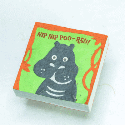 Image of a poo paper scratch pad with a hippo on it saying hip hip poo-ray