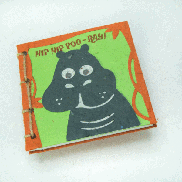 Image of a poo paper journal with a hippo on it saying hip hip poo-ray
