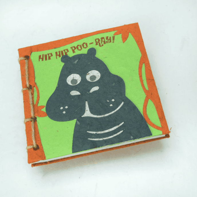 Image of a poo paper journal with a hippo on it saying hip hip poo-ray