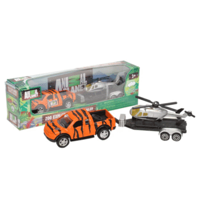 Image of a tiger print truck pulling a trailer holding a helicopter, made by wild republic