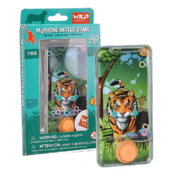 Image of a water game in the shape of a phone. My phone water game tiger by wild republic