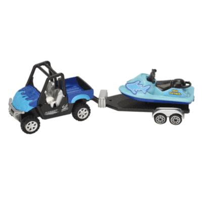 Image of a tiger print truck pulling a jet ski holding a helicopter, made by wild republic