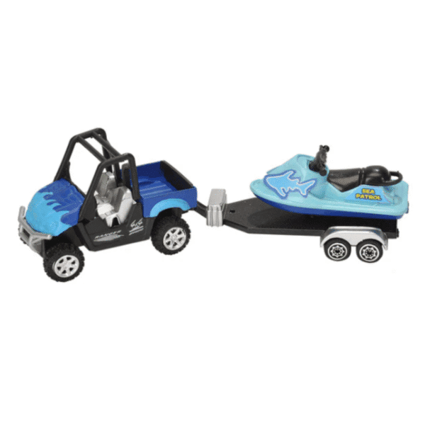 Image of a tiger print truck pulling a jet ski holding a helicopter, made by wild republic