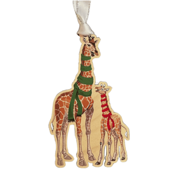 Image of an ornament of a mom and baby giraffe wearing scarfs around there neck