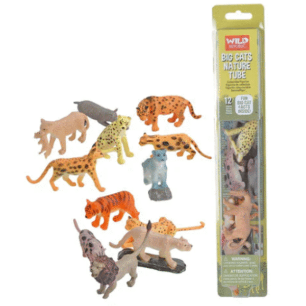 Big cat figurines In a bright yellow tube