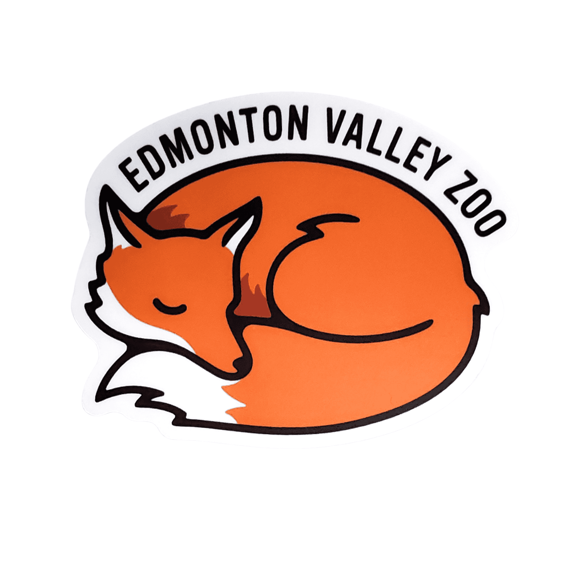 Image of a red fox curled up asleep with Edmonton Valley Zoo above, made by stickers northwest