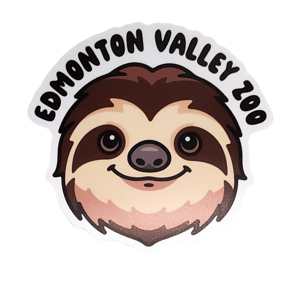 Image of a smiling sloth face with Edmonton Valley Zoo above, made by stickers northwest