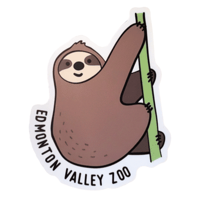 Image of a sloth holding onto a tree with Edmonton Valley Zoo underneath, made by stickers northwest