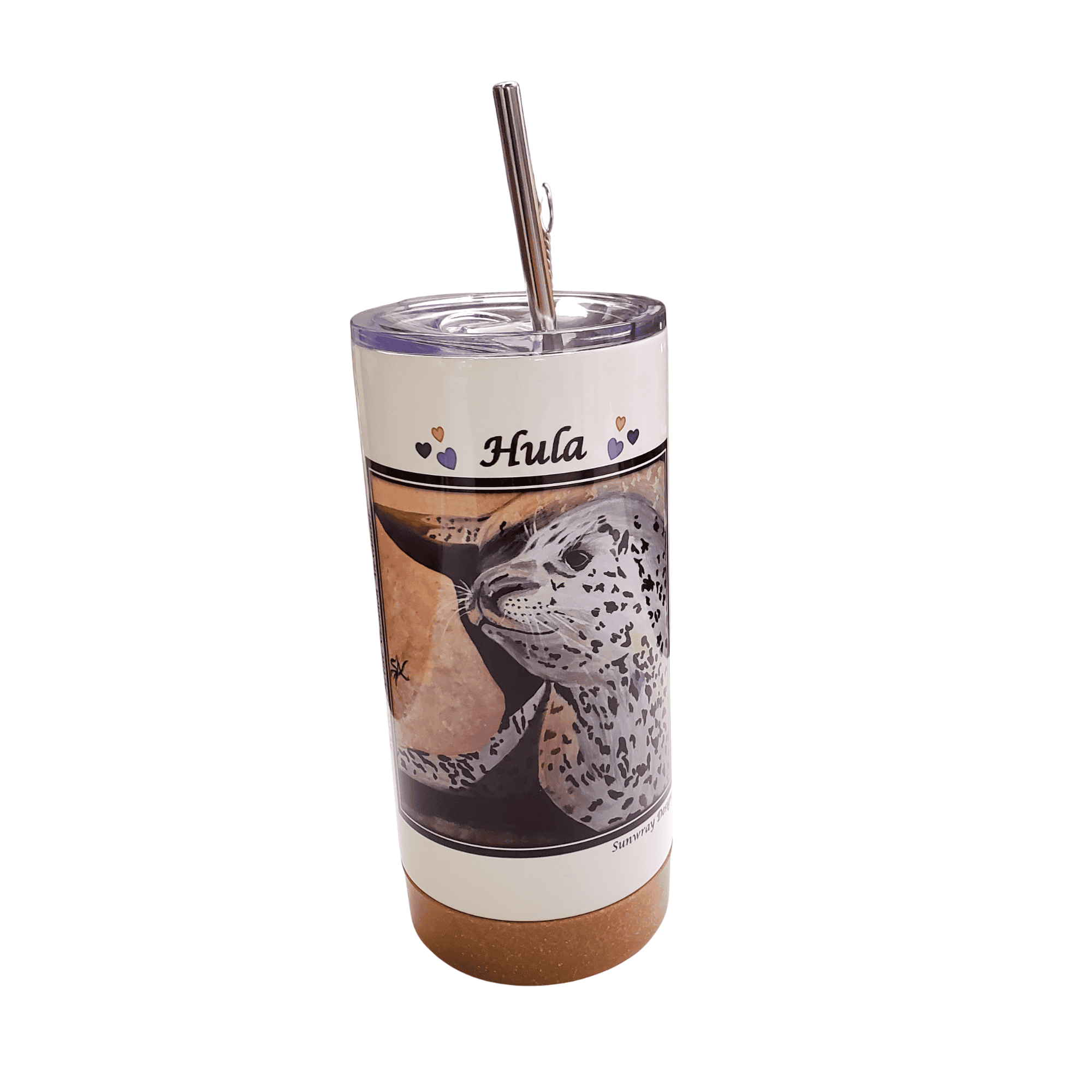 A travel mug. Outside of mug is cream with beautiful image of Hula the harbour seal by local artist Shannon Alexander of Sunwray Designs