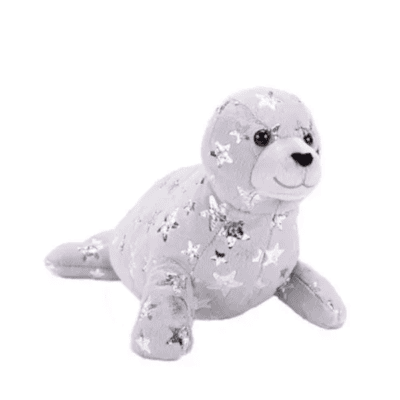 Image shows Wild Replubicl Foilkins Seal, a grey harbour seal plush with silver stars