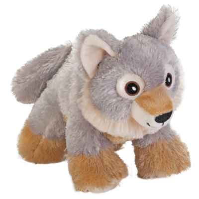 Image of stuffed toy wolf grey in colour.