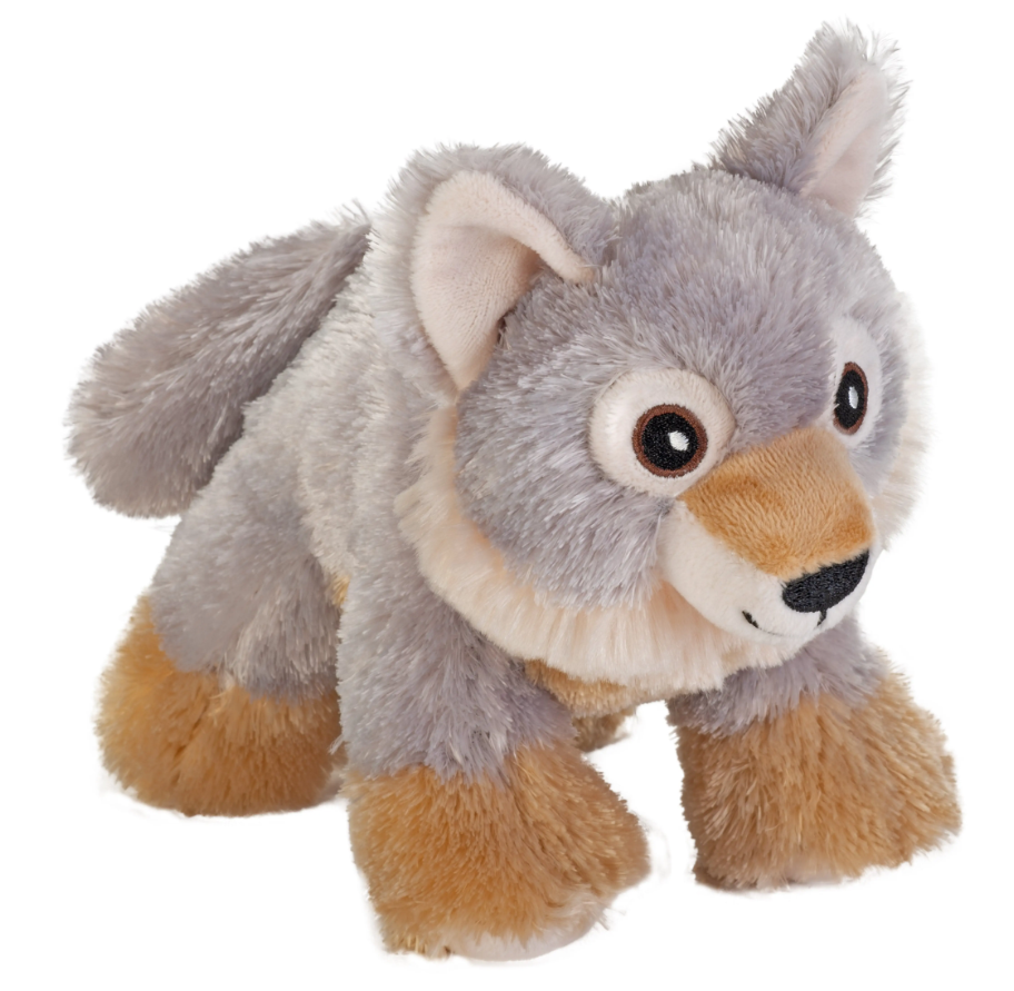 Image of stuffed toy wolf grey in colour.