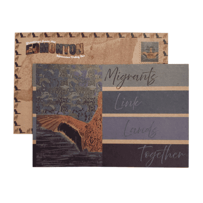 Image of wood postcard featuring mallard duck art.