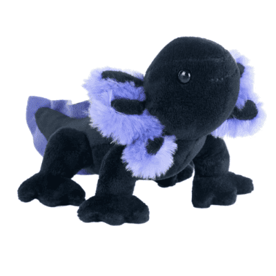 Image of black plush toy axolotl with lavender blue fringe.