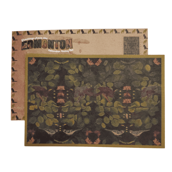 Image of a brown postcard with a repeating nature pattern.