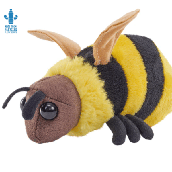 Image of plush bee toy with brown head and black and yellow body.