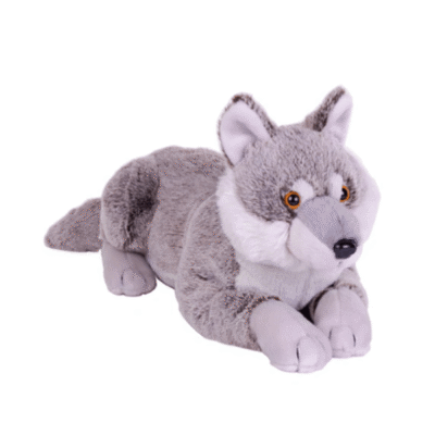 Image a grey stuffed wolf toy
