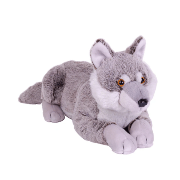 Image a grey stuffed wolf toy