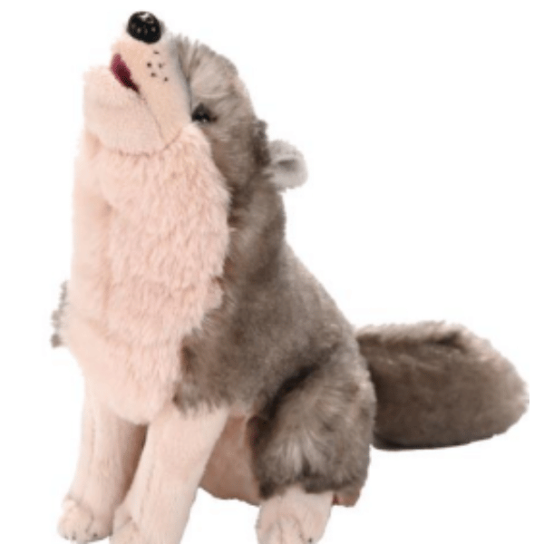 Image of stuffed howling wolf plush toy.