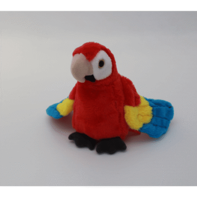 Image of small stuffed toy scarlet macaw.