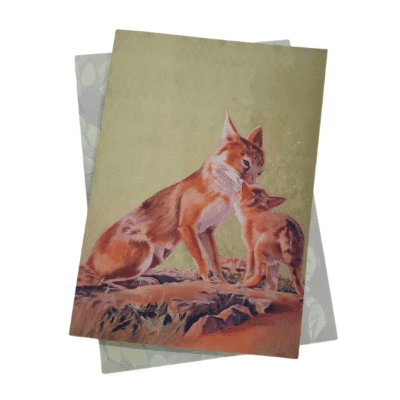 Image of greeting card with art of red fox mom and kit.
