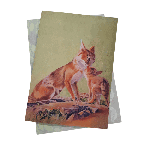 Image of greeting card with art of red fox mom and kit.
