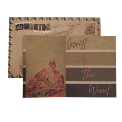 IMage of wood postcard featuring artwork of fox mom and kit with words Swift as the Wind.