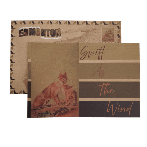 IMage of wood postcard featuring artwork of fox mom and kit with words Swift as the Wind.