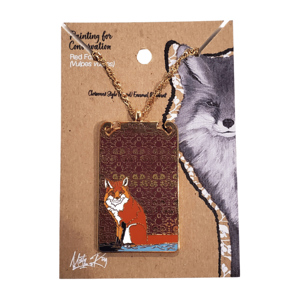 Image of gold, brown and red pendant necklace featuring a fox