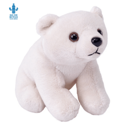 Image of plush toy white polar bear with black features.