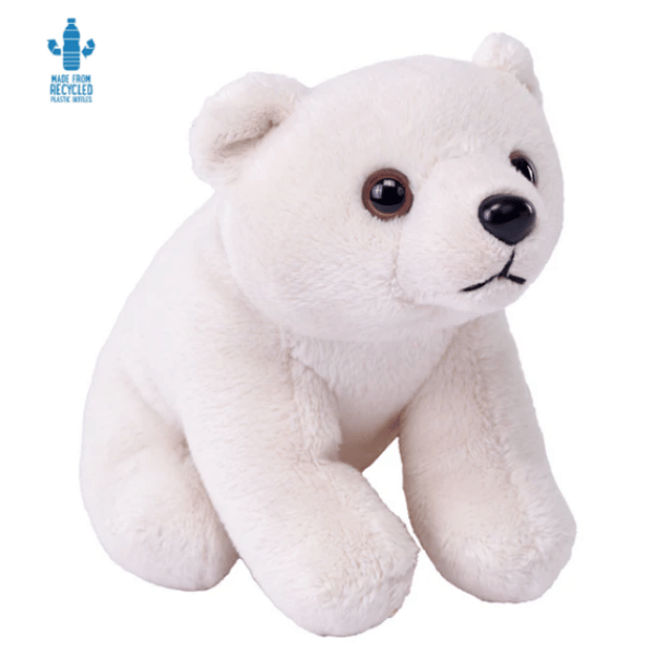 Image of plush toy white polar bear with black features.