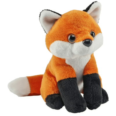 Image of red fox plush toy with black socks and white belly.