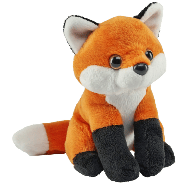 Image of red fox plush toy with black socks and white belly.