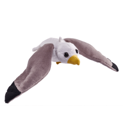Image of grey, black, and white seagull plush toy with yellow beak.